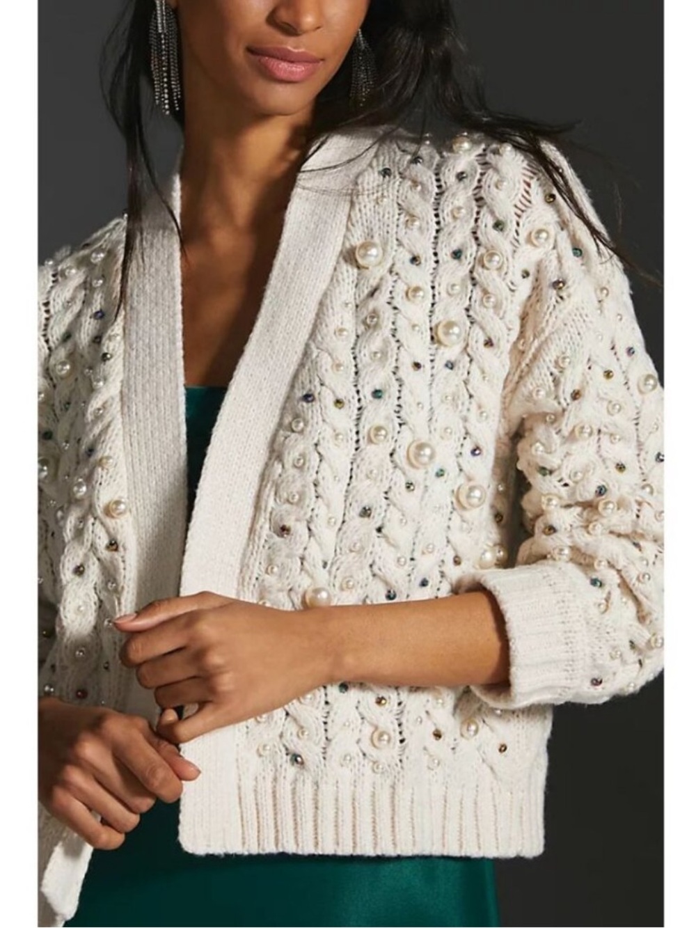 Anthropologie Pearl Embellished Cable-Knit Cardigan